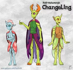 Size: 1024x974 | Tagged: anthro, artist:inuhoshi-to-darkpen, changedling, changeling, cloven hooves, colored hooves, compound eyes, derpibooru import, female, gray background, human, humanized, humanoid, insectoid, king thorax, male, ocellus, safe, simple background, thorax, trio, unguligrade anthro