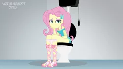 Size: 3999x2249 | Tagged: suggestive, artist:metalhead97, derpibooru import, fluttershy, butterfly, human, equestria girls, bored, but why, clothes, dress, eyeshadow, female, fluttershy is not amused, frilly underwear, hairpin, heart, heart print underwear, high heels, looking at you, makeup, panties, panties around legs, pin, pink underwear, pissing, ribbon, sandals, shoes, show accurate, sitting, skirt, skirt lift, toilet, unamused, underwear, urine