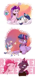 Size: 1400x3063 | Tagged: safe, artist:saturdaymorningproj, derpibooru import, pinkie pie, princess cadance, princess flurry heart, shining armor, tempest shadow, twilight sparkle, twilight sparkle (alicorn), alicorn, earth pony, pony, unicorn, aunt and niece, baby, baby pony, broken horn, comic, cute, eye scar, eyes closed, female, filly, floppy ears, flurrybetes, foal, glowing horn, gritted teeth, horn, husband and wife, levitation, lying down, magic, male, mare, most annoying sound in the world, mug, one eye closed, open mouth, pillow, prone, reeee, scar, shiningcadance, shipping, sitting, sparking horn, stallion, straight, teeth, telekinesis, twiabetes, wings