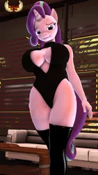 Size: 1080x1920 | Tagged: suggestive, artist:loveslove, derpibooru import, starlight glimmer, anthro, unicorn, 3d, absolute cleavage, big breasts, boob window, breasts, busty starlight glimmer, cleavage, clothes, commission, digital art, dress, female, latex, leotard, looking at you, mare, sexy, signature, smiling, socks, solo, solo female, stockings, thigh highs