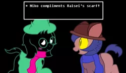Size: 1474x862 | Tagged: safe, artist:darkstorm619, derpibooru import, ponified, goat, pony, spoiler:deltarune, ambiguous gender, black background, blushing, clothes, colored sclera, crossover, cute, deltarune, dialogue, duo, eye contact, fangs, fluffy boi, glowing eyes, hat, lidded eyes, looking at each other, male, niko (oneshot), oneshot, open mouth, ralsei, scarf, simple background, slit eyes, smiling, text, undertale