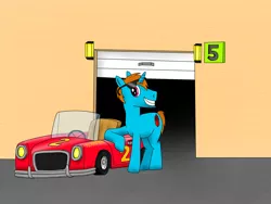 Size: 2048x1536 | Tagged: artist:flammerfime, car, derpibooru import, garage, oc, oc:flammer fime, safe, smiling, sunglasses