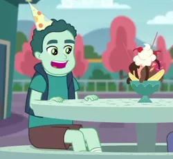 Size: 807x739 | Tagged: safe, derpibooru import, screencap, mint chip, equestria girls, equestria girls series, rollercoaster of friendship, background human, cropped, food, ice cream, male, smiling