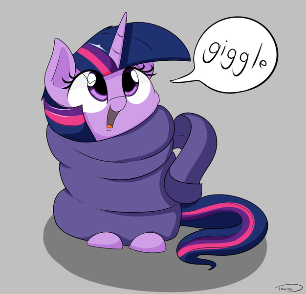 Size: 2450x2350 | Tagged: safe, artist:taurson, derpibooru import, twilight sparkle, pony, unicorn, cheek fluff, clothes, cross-eyed, cute, daaaaaaaaaaaw, dialogue, female, filly, giggling, gray background, hnnng, looking up, open mouth, oversized clothes, simple background, sitting, smiling, solo, speech bubble, taurson is trying to murder us, twiabetes, weapons-grade cute