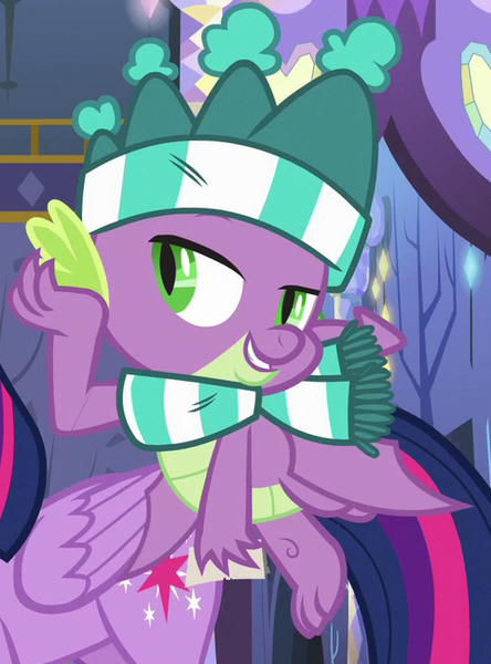 Size: 480x649 | Tagged: alicorn, best gift ever, claws, clothes, cropped, cutie mark, derpibooru import, dragon, flying, hat, imitation, impersonating, implied rarity, lidded eyes, male, safe, scarf, screencap, solo focus, spike, stupid sexy spike, twilight sparkle, twilight sparkle (alicorn), winged spike, wings, winter outfit