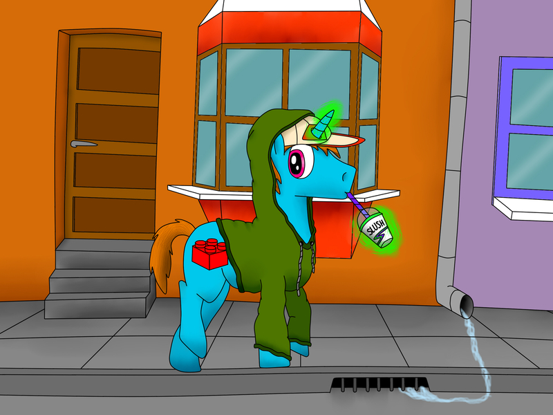 Size: 2048x1536 | Tagged: artist:flammerfime, cap, city, clothes, derpibooru import, drinking, hat, hoodie, houses, oc, oc:flammer fime, safe, slushie, street, walking, window