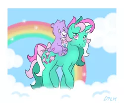 Size: 1200x1000 | Tagged: safe, artist:donkeyinthemiddle, derpibooru import, fizzy, pony, unicorn, bow, care bears, cloud, crossover, g1, rainbow, share bear, tail bow