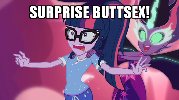 Size: 600x338 | Tagged: suggestive, derpibooru import, edit, edited screencap, screencap, sci-twi, twilight sparkle, equestria girls, legend of everfree, caption, exploitable meme, image macro, implied sex, meme, midnight sparkle, self paradox, surprise buttsex, text