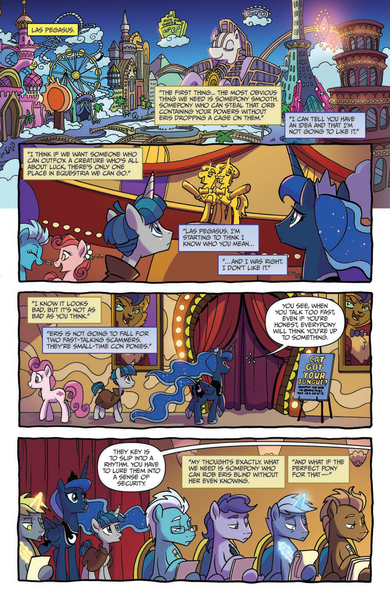 Size: 994x1528 | Tagged: safe, artist:tonyfleecs, derpibooru import, idw, capper dapperpaws, flam, flim, princess luna, stygian, alicorn, earth pony, pony, unicorn, my little pony: the movie, nightmare knights, spoiler:comic, spoiler:comicnightmareknights02, city, comic, ethereal mane, female, flim flam brothers, las pegasus, magic, male, mare, official comic, preview, skyline, speech bubble, stallion, starry mane, telekinesis