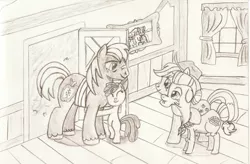 Size: 1500x981 | Tagged: safe, artist:pageturner1988, derpibooru import, apple bloom, applejack, big macintosh, granny smith, earth pony, pony, apple family, bandage, cute, female, filly, foal, grayscale, hug, male, mare, monochrome, newbie artist training grounds, pencil drawing, quartet, reunion, stallion, teary eyes, traditional art