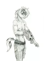 Size: 950x1329 | Tagged: suggestive, artist:baron engel, derpibooru import, sandbar, anthro, earth pony, abs, clothes, grayscale, male, monochrome, muscles, partial nudity, pencil drawing, simple background, sketch, solo, solo male, stupid sexy sandbar, topless, traditional art, white background