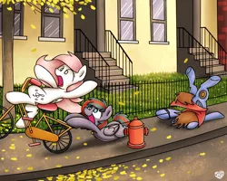 Size: 1280x1024 | Tagged: safe, artist:sugar morning, derpibooru import, oc, oc:bizarre song, oc:doge, oc:sugar morning, unofficial characters only, pegasus, pony, bicycle, brick wall, face down ass up, faceplant, falling, falling leaves, female, fence, fire hydrant, grass, leaves, male, mare, oc x oc, open mouth, road, scenery, shipping, stairs, stallion, straight, sugarre, tree, tripping, window