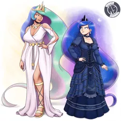 Size: 1925x1925 | Tagged: artist:king-kakapo, artist:megasweet, belt, blue dress, breasts, busty princess celestia, busty princess luna, choker, cleavage, clothes, collaboration, colored, corset, crown, derpibooru import, dress, duo, duo female, feet, female, frilly dress, height difference, human, human female, humanized, jewelry, light skin, lipstick, looking at each other, nail polish, princess celestia, princess luna, regalia, safe, sandals, simple background, toenail polish, toes, white dress