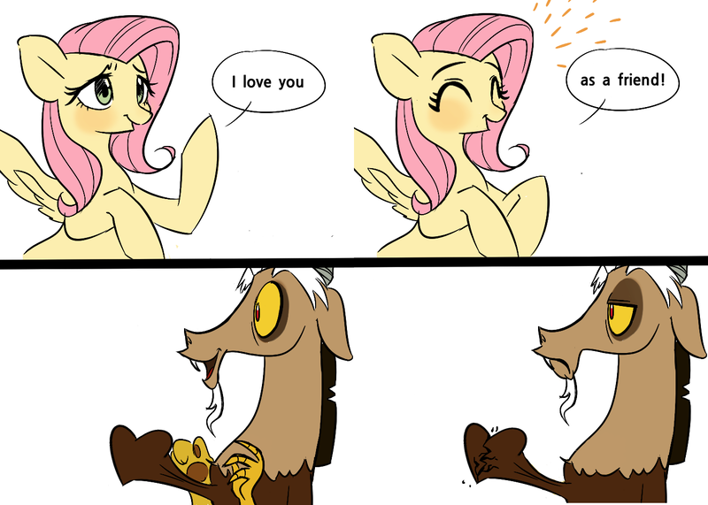 Size: 1400x1000 | Tagged: safe, artist:dilandau203, derpibooru import, discord, fluttershy, draconequus, pegasus, pony, bait and switch, blushing, comic, dialogue, disappointed, discoshy, female, floppy ears, friendzone, happy, heart pounding, heartbreak, love, male, mare, one sided shipping, raised hoof, shipping, shipping denied, simple background, smiling, speech bubble, spread wings, straight, white background, wings