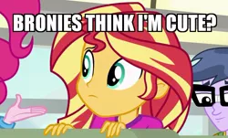 Size: 649x393 | Tagged: safe, derpibooru import, edit, screencap, microchips, pinkie pie, sunset shimmer, equestria girls, legend of everfree, bronybait, caption, cropped, cute, frown, image macro, meme, shimmerbetes, smiling, solo focus, text