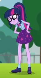 Size: 406x769 | Tagged: safe, derpibooru import, screencap, sci-twi, twilight sparkle, equestria girls, equestria girls series, forgotten friendship, clothes, cropped, female, geode of telekinesis, glasses, magical geodes, one eye closed, ponytail, shoes, skirt, smiling, socks, wink