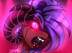 Size: 1376x1019 | Tagged: angry, artist:aaa-its-spook, demon, demon pony, derpibooru import, fangs, female, glowing eyes, horns, lipstick, monster mare, oc, oc:cirice, original species, safe, solo