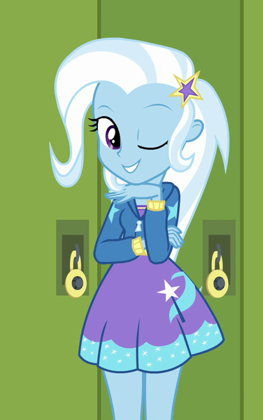 Size: 557x890 | Tagged: safe, derpibooru import, screencap, trixie, equestria girls, equestria girls series, forgotten friendship, canterlot high, clothes, cropped, cute, diatrixes, dress, female, hallway, hoodie, lockers, one eye closed, skirt, solo, wink