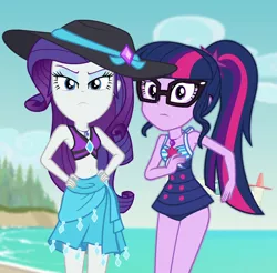 Size: 1022x1004 | Tagged: safe, derpibooru import, screencap, rarity, sci-twi, twilight sparkle, equestria girls, equestria girls series, forgotten friendship, beach, belly button, bikini, clothes, cropped, duo, duo female, female, geode of shielding, geode of telekinesis, glasses, hat, image, looking at you, magical geodes, midriff, png, ponytail, rarity is not amused, sarong, selfie drone, sun hat, swimsuit, unamused