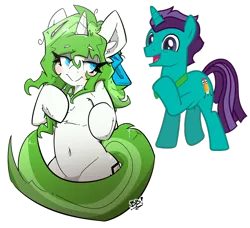 Size: 3194x2908 | Tagged: suggestive, artist:bbsartboutique, artist:stormdraws, derpibooru import, oc, oc:corpulent brony, oc:minty root, unofficial characters only, pony, unicorn, aroused, bedroom eyes, belly button, blushing, bow, bowtie, ear fluff, excited, eyebrows, female, hair bow, lidded eyes, male, messy mane, oc x oc, shipping, simple background, straight, transparent background, vector