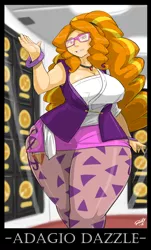 Size: 3206x5299 | Tagged: suggestive, artist:shonuff44, derpibooru import, adagio dazzle, human, equestria girls, rainbow rocks, adagio dat-azzle, big breasts, bracelet, breasts, busty adagio dazzle, cleavage, clothes, female, gem, glasses, gold record, hips, huge breasts, humanized, i can't believe it's not sundown, impossibly large thighs, jewelry, looking at you, miniskirt, pantyhose, plump, ponytail, sexy, siren gem, skirt, solo, solo female, stupid sexy adagio dazzle, thick, thighs, thunder thighs, wide hips