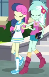 Size: 366x570 | Tagged: safe, derpibooru import, screencap, bon bon, lyra heartstrings, sweetie drops, all's fair in love and friendship games, equestria girls, friendship games, best friends, book, eyes closed, female, linked arms, shipping fuel, smiling, walking