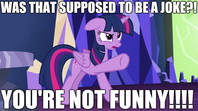 Size: 1280x720 | Tagged: alicorn, caption, derpibooru import, dude not funny (reaction image), edit, edited screencap, excessive exclamation marks, funny, image macro, joke, meme, reaction image, safe, screencap, solo, text, twilight sparkle, twilight sparkle (alicorn), unfunny, what about discord?