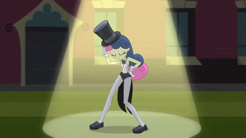 Size: 800x450 | Tagged: safe, derpibooru import, screencap, bon bon, lyra heartstrings, sweetie drops, all's fair in love and friendship games, equestria girls, friendship games, animated, dancing, gif, hat, jazz hands, looking at you, spotlight, tap dancing, top hat