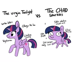 Size: 1950x1650 | Tagged: safe, artist:tjpones, derpibooru import, twilight sparkle, twilight sparkle (alicorn), alicorn, pony, sparkles! the wonder horse!, chad, derp, ear fluff, female, frown, implied cannibalism, implied princess celestia, know the difference, mare, meme, parody, raised hoof, simple background, smiling, sparkles, terrorist, vegetarian, virgin, virgin walk, white background, wide eyes