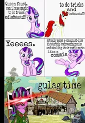 Size: 800x1155 | Tagged: safe, derpibooru import, edit, editor:clumsycoon, starlight glimmer, oc, oc:fausticorn, alicorn, human, pony, unicorn, alicorn oc, bad edit, clothes, commie, commie glimmer, communism, communism is magic, crossed legs, damn commies, dank, dank memes, deep fried meme, desert, equal sign, equality, evil starlight, eye beams, flag, glowing eyes, glowing eyes meme, gulag, gulaged, horn, josef stalin, lauren faust, low quality, meme, our town, ponified meme, prisoner, queen faust, red star, s5 starlight, smiley face, smiling, stalin glimmer, uniform, village, watermark, welcome home twilight, wings