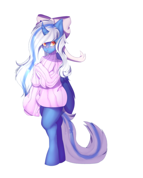 Size: 801x997 | Tagged: alicorn, alicorn oc, anthro, artist:yanderederetere, bow, clothes, derpibooru import, female, hair bow, horn, mare, oc, oc:fleurbelle, safe, simple background, sweater, transparent background, unguligrade anthro, wings