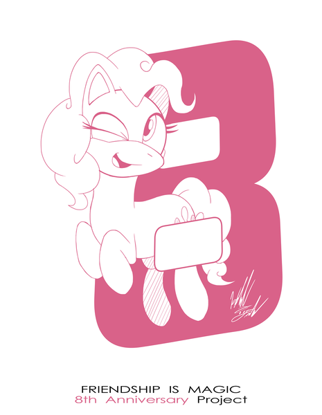 Size: 1086x1400 | Tagged: safe, artist:fuzon-s, derpibooru import, part of a set, pinkie pie, earth pony, pony, anniversary, cute, diapinkes, female, happy, happy birthday mlp:fim, jumping, mare, mlp fim's eighth anniversary, monochrome, one eye closed, pony channel, sketch, solo, style emulation, wink, yuji uekawa style