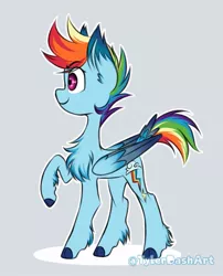 Size: 707x876 | Tagged: safe, artist:tylerdashart, derpibooru import, rainbow dash, pegasus, pony, chest fluff, colored hooves, colored wings, ear fluff, female, mare, raised hoof, raised tail, redesign, simple background, smiling, solo, tail, unshorn fetlocks, white background, wings