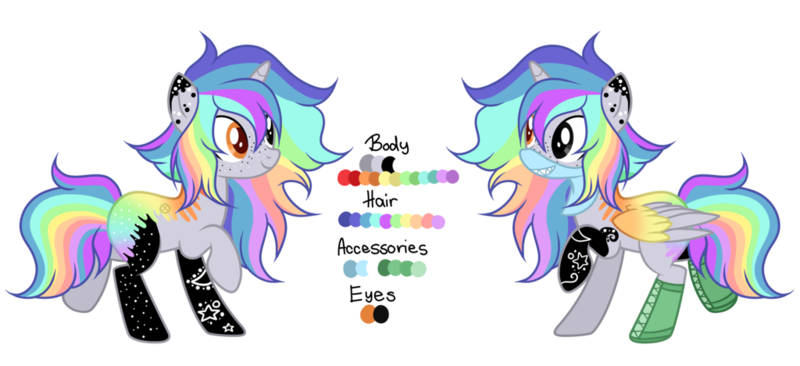 Size: 1024x468 | Tagged: safe, artist:mintoria, artist:space--paws0w0, derpibooru import, oc, oc:pastel chole, unofficial characters only, alicorn, pony, alicorn oc, bandana, boots, clothes, female, freckles, heterochromia, horn, mare, markings, multicolored hair, rainbow hair, reference sheet, scene kid, shoes, simple background, solo, tattoo, transparent background, wings