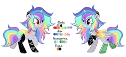 Size: 1024x468 | Tagged: safe, artist:mintoria, artist:space--paws0w0, derpibooru import, oc, oc:pastel chole, unofficial characters only, alicorn, pony, alicorn oc, bandana, boots, clothes, female, freckles, heterochromia, horn, mare, markings, multicolored hair, rainbow hair, reference sheet, scene kid, shoes, simple background, solo, tattoo, transparent background, wings