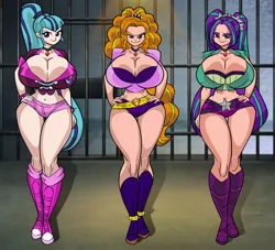 Size: 2890x2626 | Tagged: suggestive, alternate version, artist:art-2u, derpibooru import, edit, editor:theabridgenator, adagio dazzle, aria blaze, sonata dusk, equestria girls, rainbow rocks, absolute cleavage, belly button, big breasts, booty shorts, breasts, busty adagio dazzle, busty aria blaze, busty dazzlings, busty sonata dusk, cleavage, clothes, curvy, daisy dukes, disproportional anatomy, female, females only, gem, hand on hip, hot pants, hourglass figure, huge breasts, human coloration, impossibly large breasts, impossibly thin waist, looking at you, midriff, photoshop, prison, sexy, shorts, siren gem, the dazzlings, thick, thigh gap, thighs, trio, trio female, wide hips