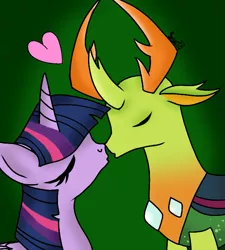 Size: 621x691 | Tagged: alicorn, antlers, artist:hanayuri-chan, changedling, changeling, derpibooru import, eyes closed, female, green background, heart, imminent kissing, king thorax, kissing, male, safe, shipping, signature, simple background, straight, thorax, twilight sparkle, twilight sparkle (alicorn), twirax