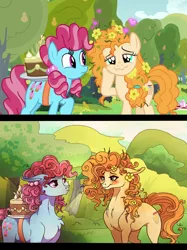 Size: 2986x3996 | Tagged: safe, artist:marbola, derpibooru import, cup cake, pear butter, earth pony, pony, the perfect pear, best friends, blushing, cake, chest fluff, chiffon swirl, female, flower, flower in hair, food, friends, mare, scene interpretation, smiling