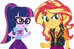 Size: 4492x3000 | Tagged: safe, artist:cloudyglow, derpibooru import, sci-twi, sunset shimmer, twilight sparkle, equestria girls, equestria girls series, rollercoaster of friendship, bowtie, clothes, duo, female, geode of empathy, geode of telekinesis, glasses, jacket, magical geodes, ponytail, serious, serious face, simple background, skirt, suspicious, transparent background, vector