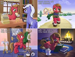 Size: 1602x1202 | Tagged: safe, artist:muffinshire, derpibooru import, oc, oc:pun, unofficial characters only, earth pony, pony, ask pun, ask, bits, book, clothes, coin, female, fireplace, mare, money, prone, scarf, snow