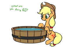 Size: 1080x720 | Tagged: safe, artist:yipsy, derpibooru import, applejack, earth pony, pony, animated, animated in description, caption, cute, daaaaaaaaaaaw, female, gif, gif with captions, jackabetes, mare, no pupils, pun, silly, silly pony, sitting, solo, tub, water, who's a silly pony