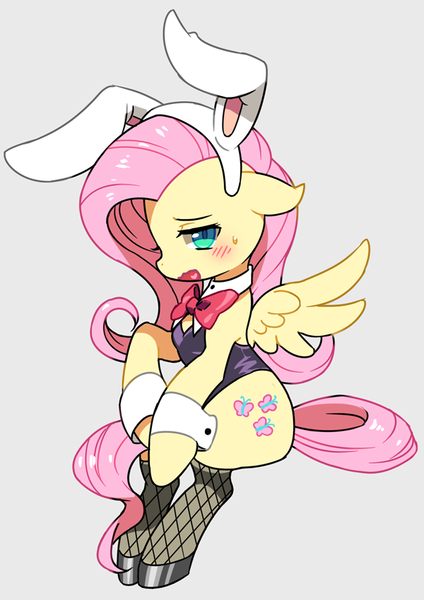 Size: 600x849 | Tagged: safe, artist:kabosu, derpibooru import, fluttershy, pegasus, pony, blushing, bowtie, bunny ears, clothes, female, fishnets, mare, socks, solo, stockings, thigh highs