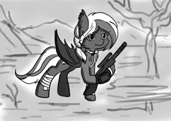 Size: 1024x724 | Tagged: safe, artist:ladycookie, derpibooru import, oc, oc:lilac mist, bat pony, pony, fallout equestria, fanfic, bandage, bat pony oc, bat wings, clothes, fanfic art, female, grayscale, gun, hooves, mare, monochrome, optical sight, rifle, simple background, sniper rifle, solo, vault suit, weapon, wings