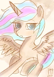 Size: 752x1063 | Tagged: safe, artist:ladycookie, derpibooru import, princess celestia, alicorn, pony, flying, looking at you, sepia, simple background