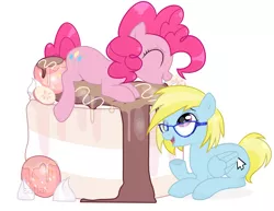 Size: 4681x3610 | Tagged: safe, artist:sattar_ych, derpibooru import, pinkie pie, oc, oc:cloud cuddler, pegasus, pony, cake, commission, cutie mark, eyes closed, female, food, glasses, mouse cursor, one eye closed, open mouth, simple background, solo, teeth, white background, ych result