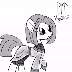 Size: 894x894 | Tagged: safe, artist:ladycookie, derpibooru import, oc, unnamed oc, earth pony, pony, armor, chainmail, grayscale, medieval, monochrome, short hair, tunic