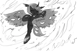 Size: 1024x683 | Tagged: artist:ladycookie, changeling, changeling oc, dancing, derpibooru import, fire, flying, grayscale, monochrome, oc, oc:astroty, safe, spinning, storm, wings