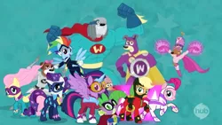 Size: 960x540 | Tagged: alicorn, applejack, artist:marcuvan0, cookie (pound puppies), derpibooru import, edit, edited screencap, fili-second, fluttershy, hub logo, humdrum, lucky smarts, mane seven, mane six, masked matter-horn, mistress marevelous, niblet, pinkie pie, pound puppies, power ponies, radiance, rainbow dash, rarity, saddle rager, safe, screencap, spike, squirt, strudel, superhero, the watchdogs, twilight sparkle, twilight sparkle (alicorn), zapp