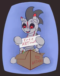 Size: 1505x1888 | Tagged: safe, artist:rubiont, derpibooru import, oc, oc:rubiont, unofficial characters only, pony, robot, robot pony, advertisement, art raffle, box, free art, macro/micro, milestone, pony in a box, raffle