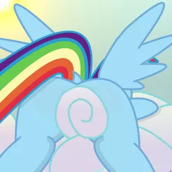 Size: 4000x4000 | Tagged: suggestive, artist:devfield, derpibooru import, rainbow dash, pony, absurd resolution, butt, cloud, cloud cover, dock, glow, gradient background, lying on a cloud, on a cloud, plot, prone, shadow, show accurate, solo, strategically covered, sun, wings